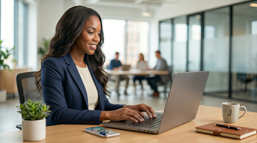 A business leader working in a polished office workspace with Jorar brand details.