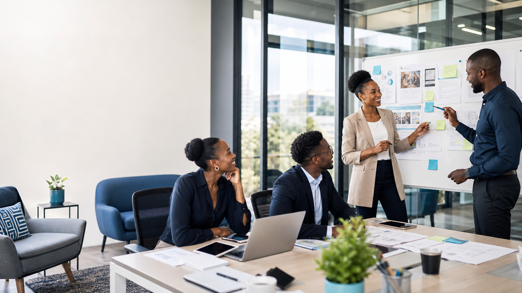 A professional African marketing team reviewing campaign plans in a modern office.