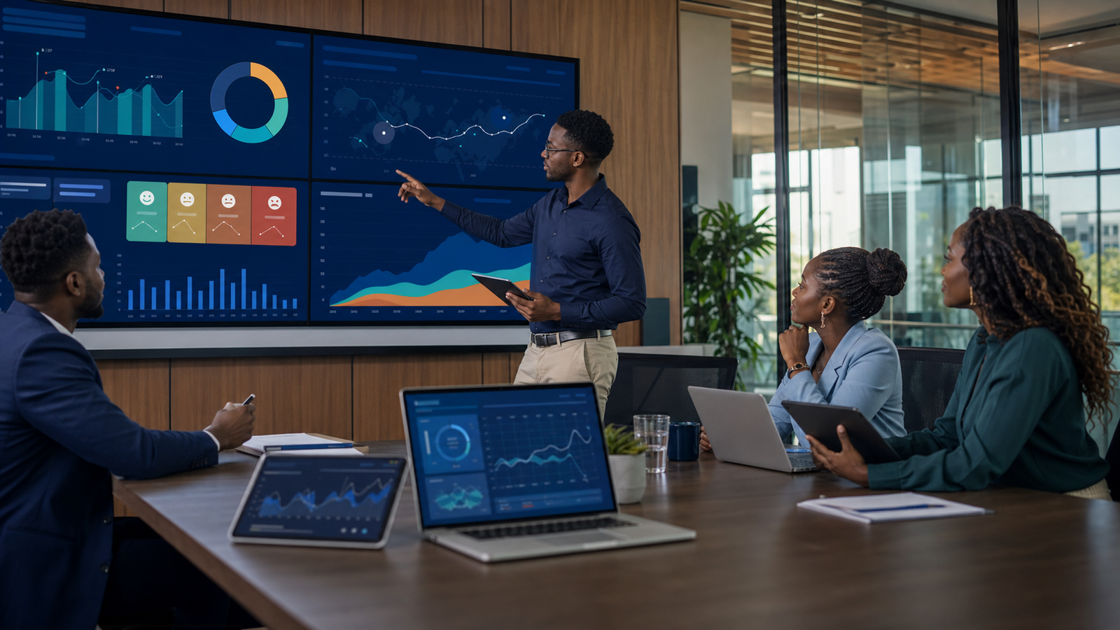 A social listening command room reviewing sentiment trends, mention volume, and platform signals.